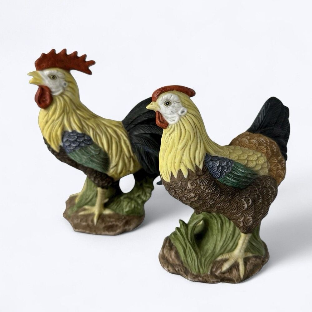 Vtg Lefton China Hand Painted Rooster Hen‎ Figurines 11304 Farm Country Chickens